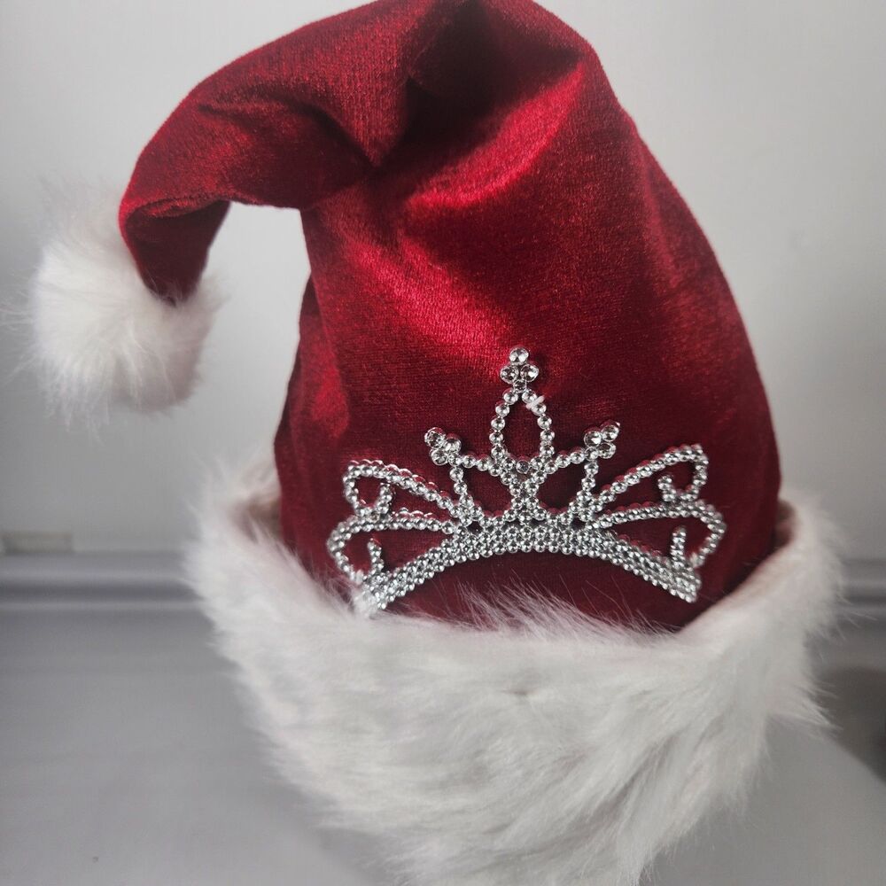 Red Velvet Princess Crown Tiara Santa Hat Plush Adult  Pom Christmas Hat NEW